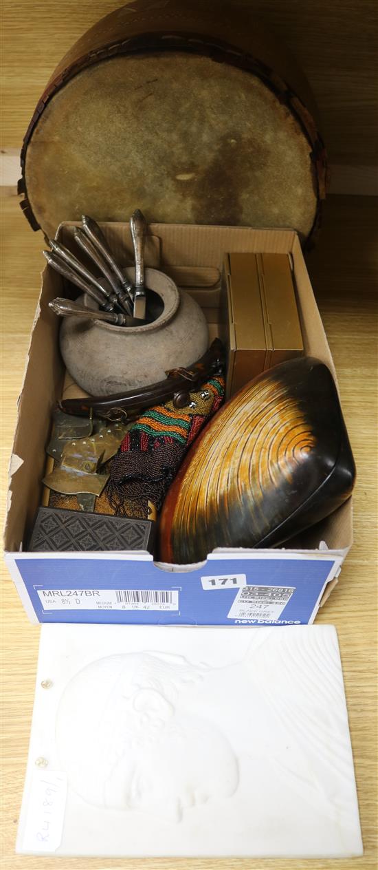 A group of mixed lacquer boxes, a drum, clock parts etc